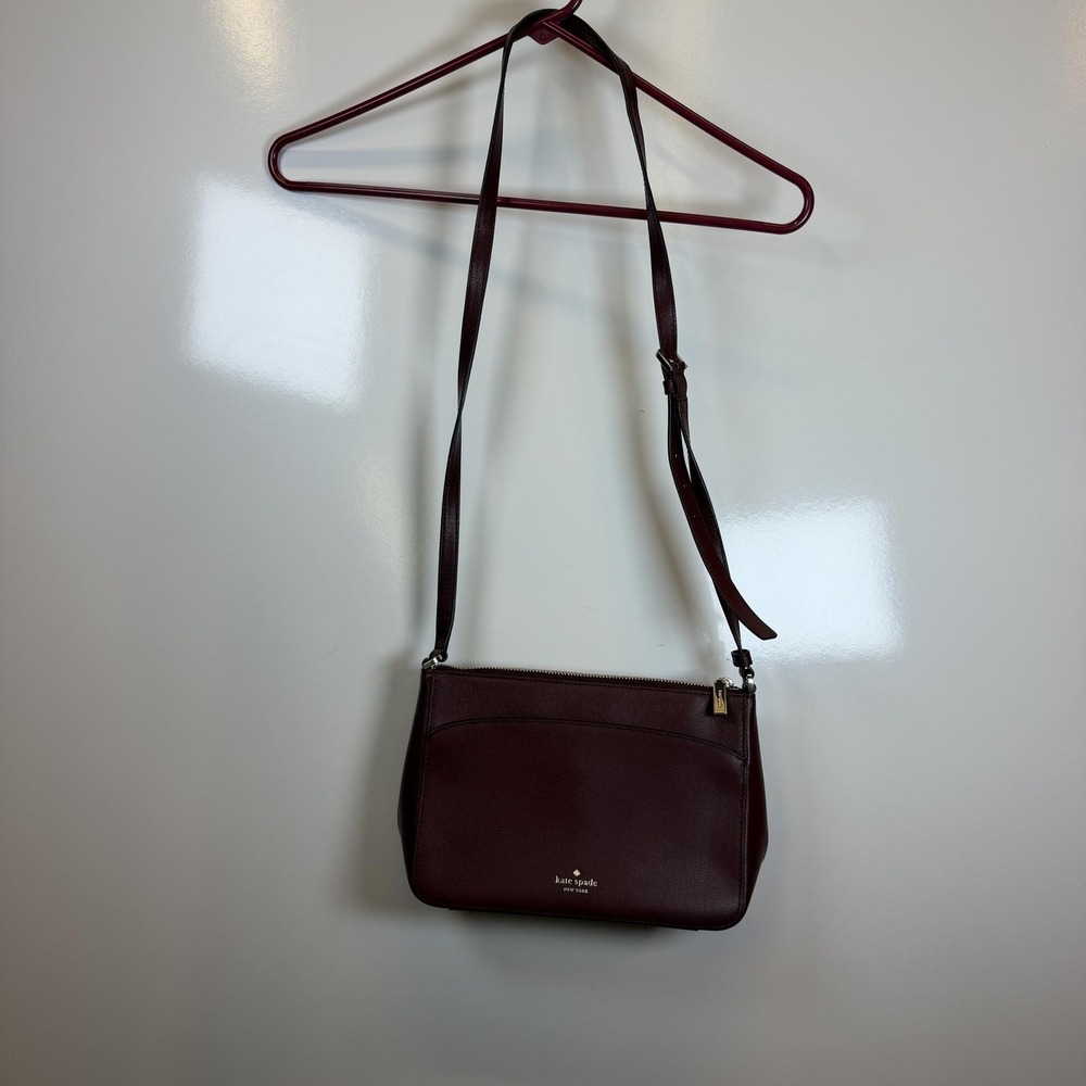 Kate Spade Crossbody Bag Womens Small Burgundy Leather Zip Purse Gold Hardware‎